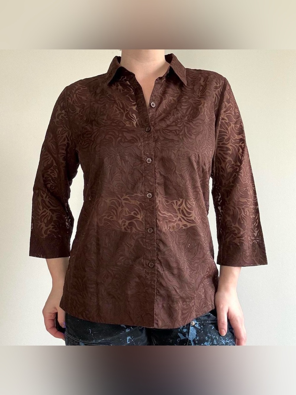 Studio Works sheer brown patterned button up shirt